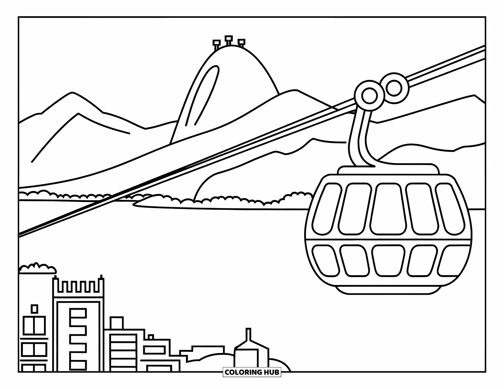 Brazil Coloring Page for Kids: A scenic view of Sugarloaf Mountain with a cable car above Rio