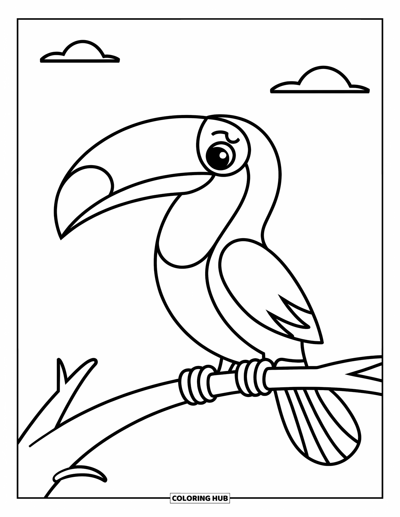 Brazil Coloring Page for Kids: A toucan with a curved beak rests under a bright sky