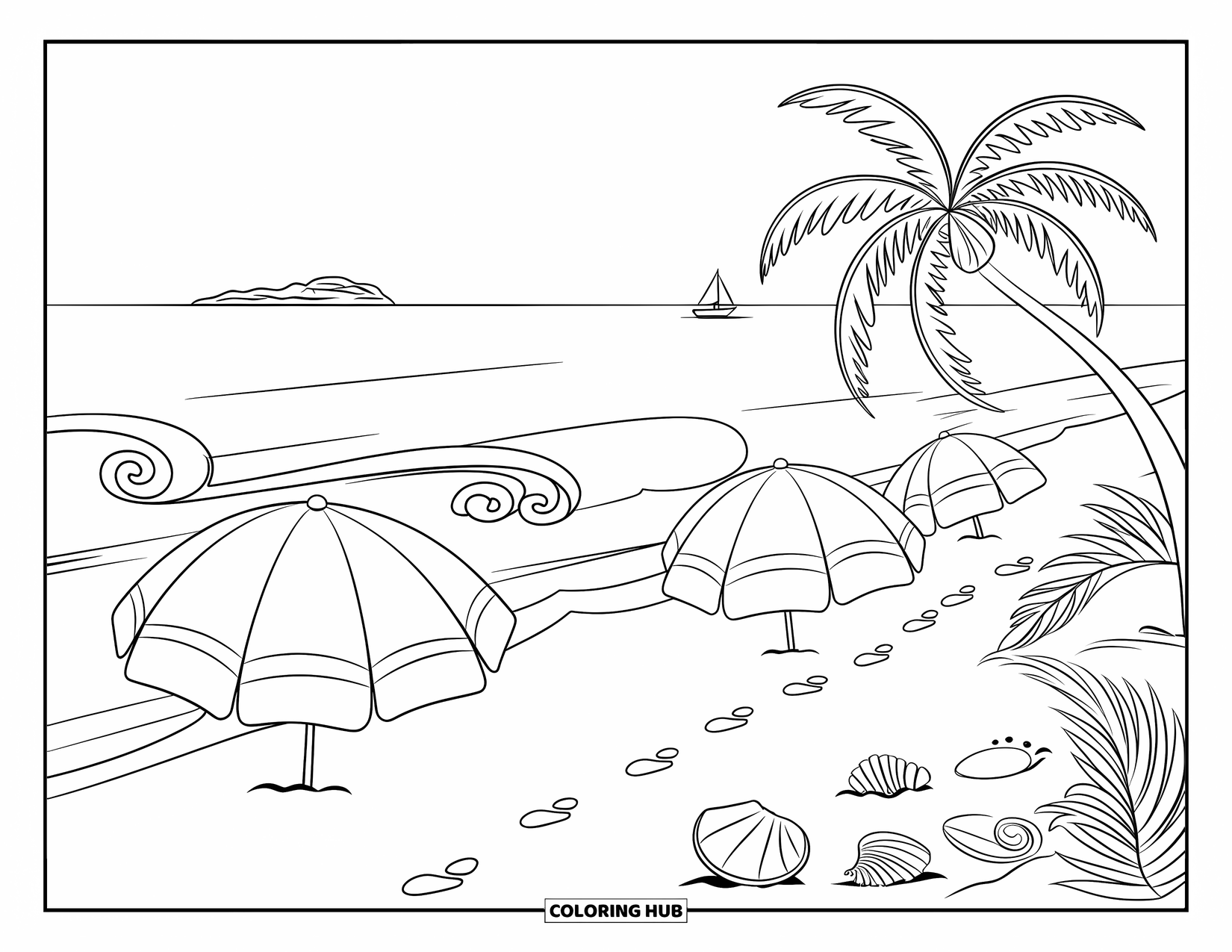 Brazil Coloring Page for Kids: A tropical beach scene with coconuts, footprints, and soft waves