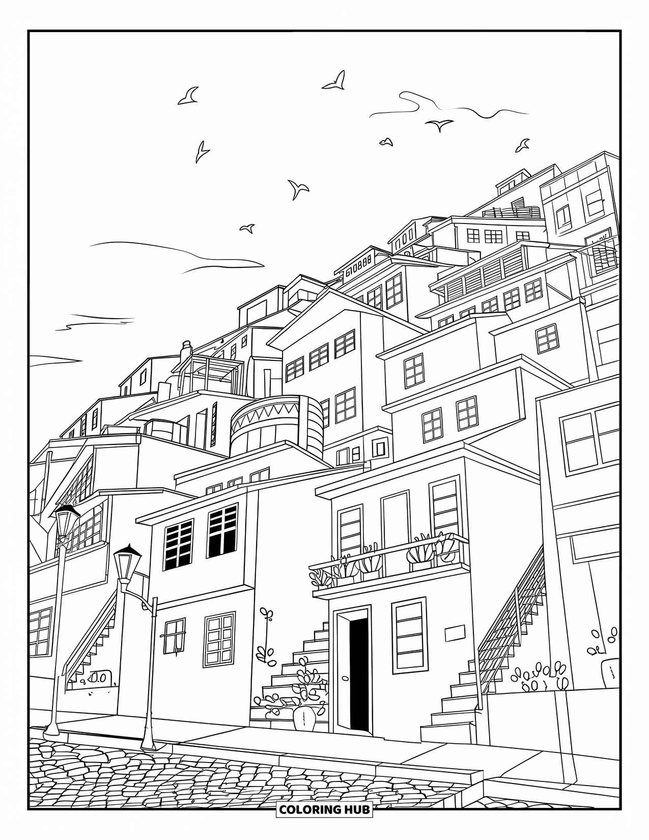 Brazil Coloring Page for Kids: A vibrant favela with small houses, plants, and cobblestone streets