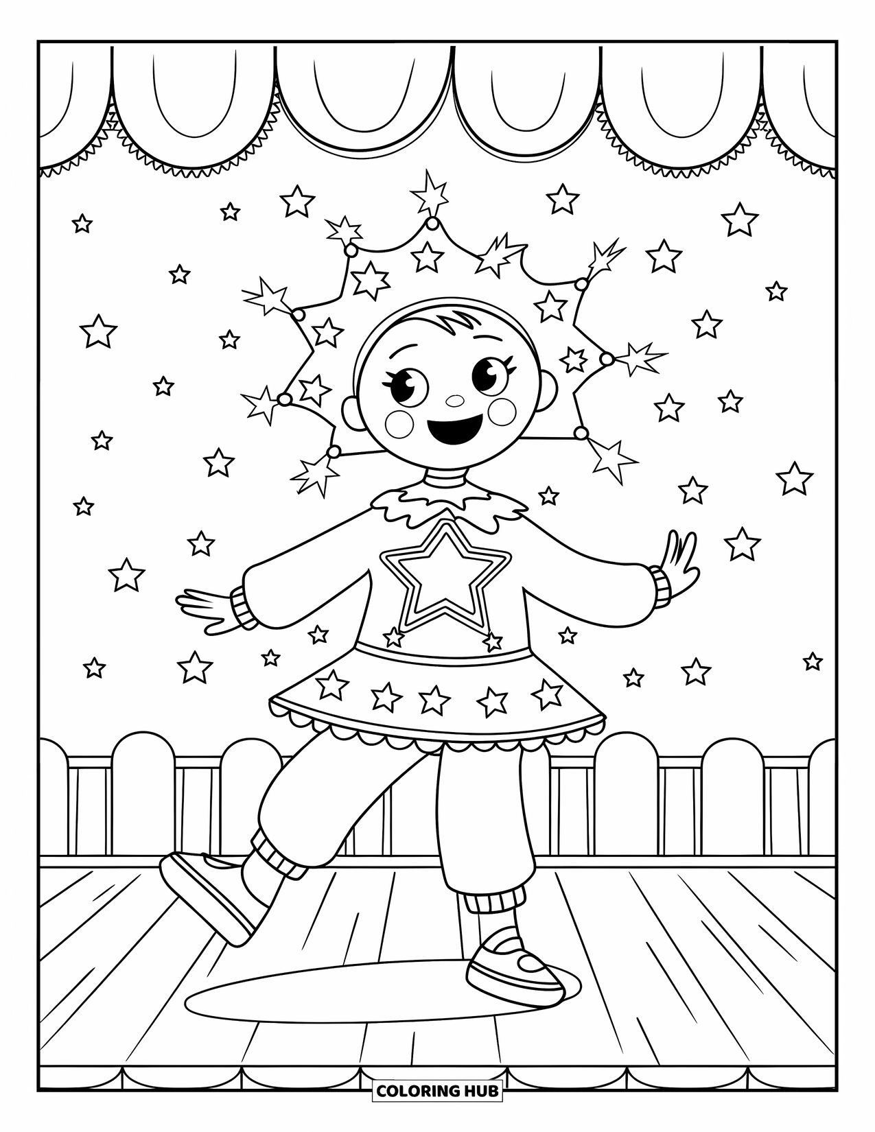 Brazil Coloring Page for Kids: A young Carnival dancer sparkles under a sky full of stars