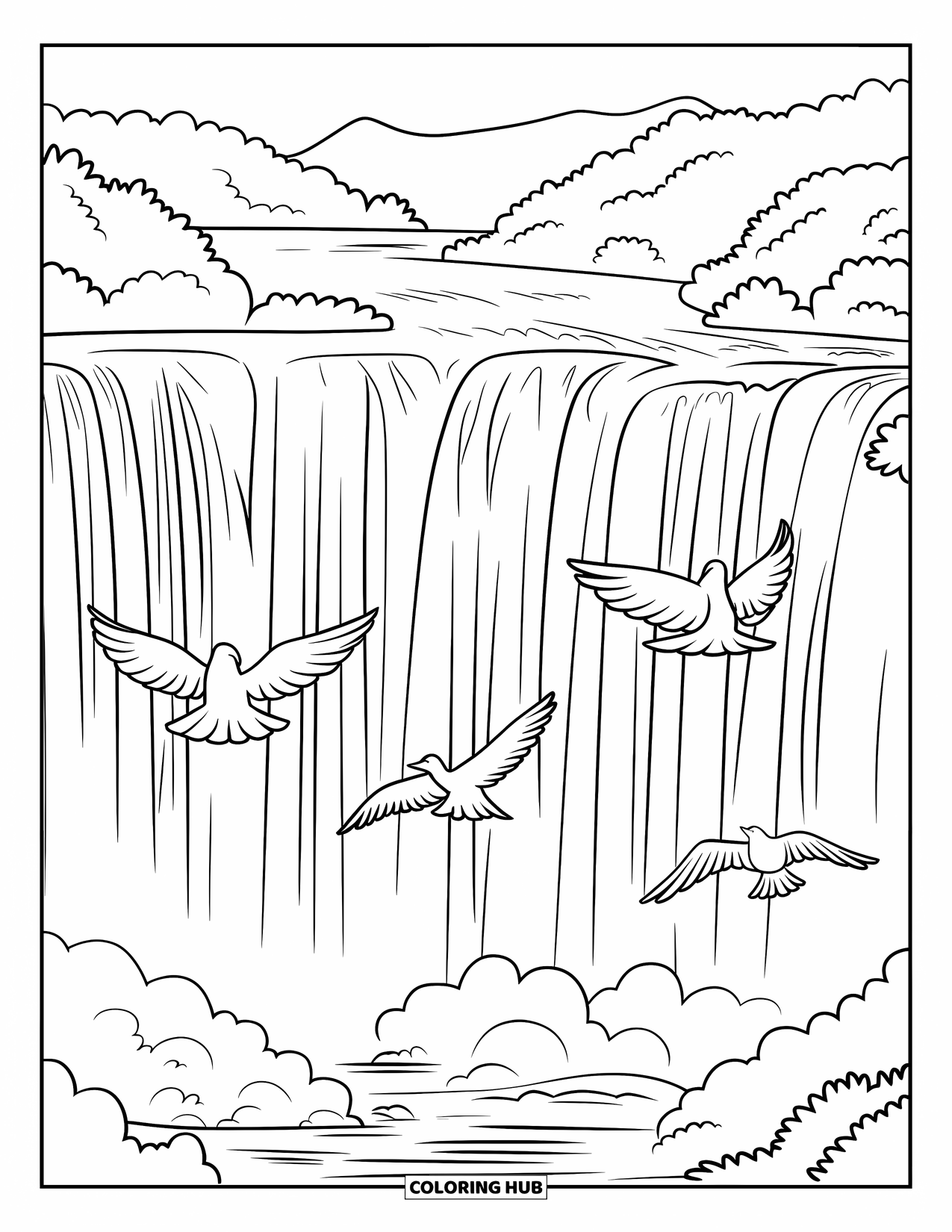 Brazil Coloring Page for Kids: Birds soar above the cascading Iguazu Falls