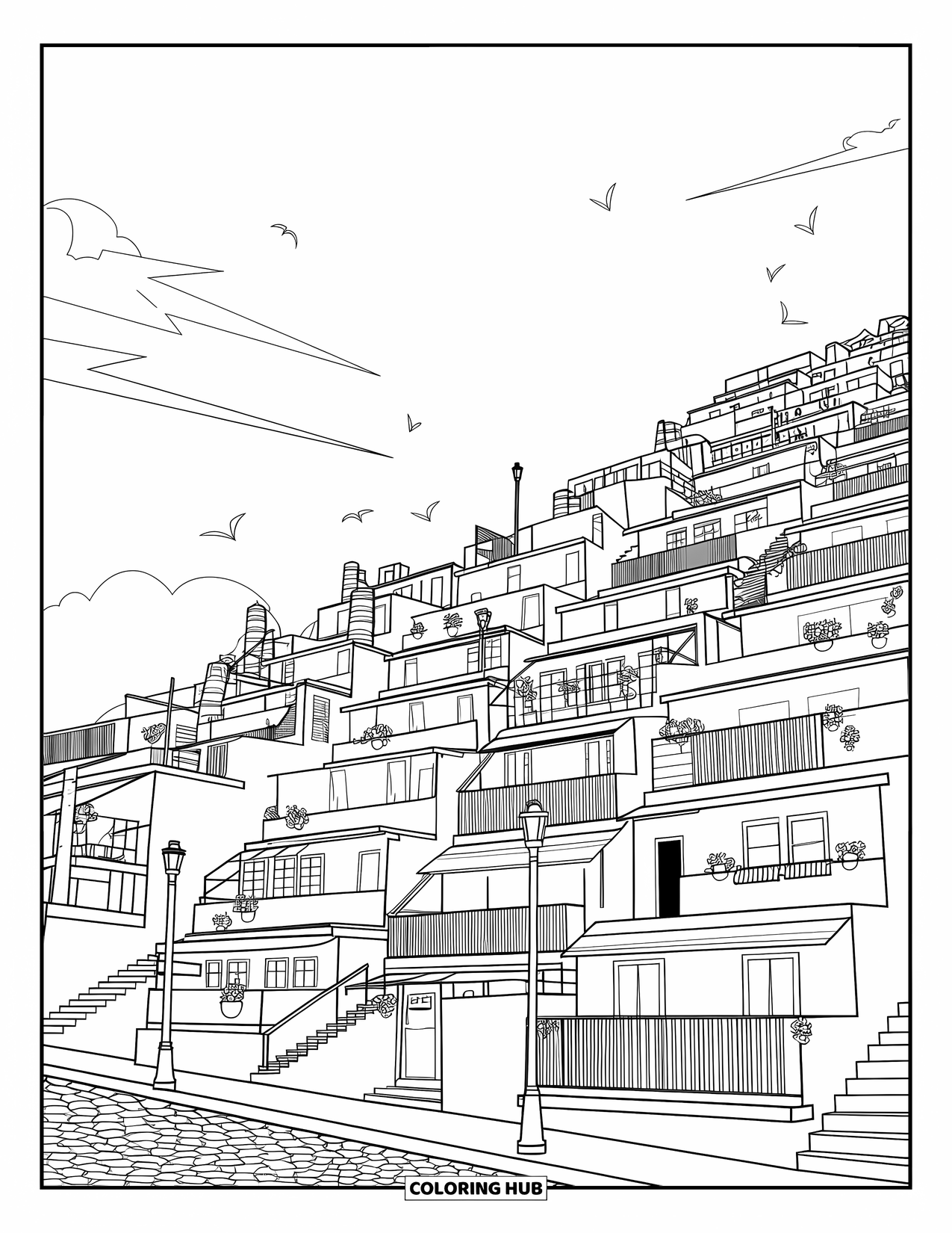 Brazil Coloring Page for Kids: Colorful hillside homes with stairs and rooftop water tanks