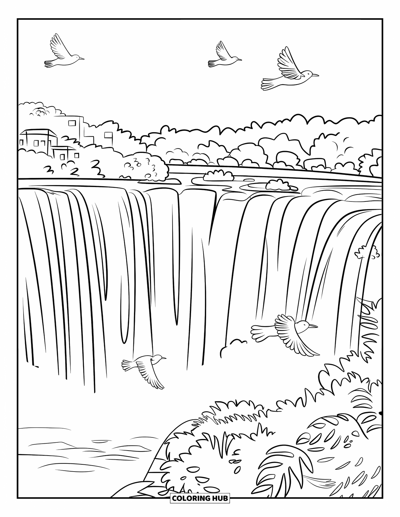 Brazil Coloring Page for Kids: Iguazu Falls tumble amid lush greenery and flying birds