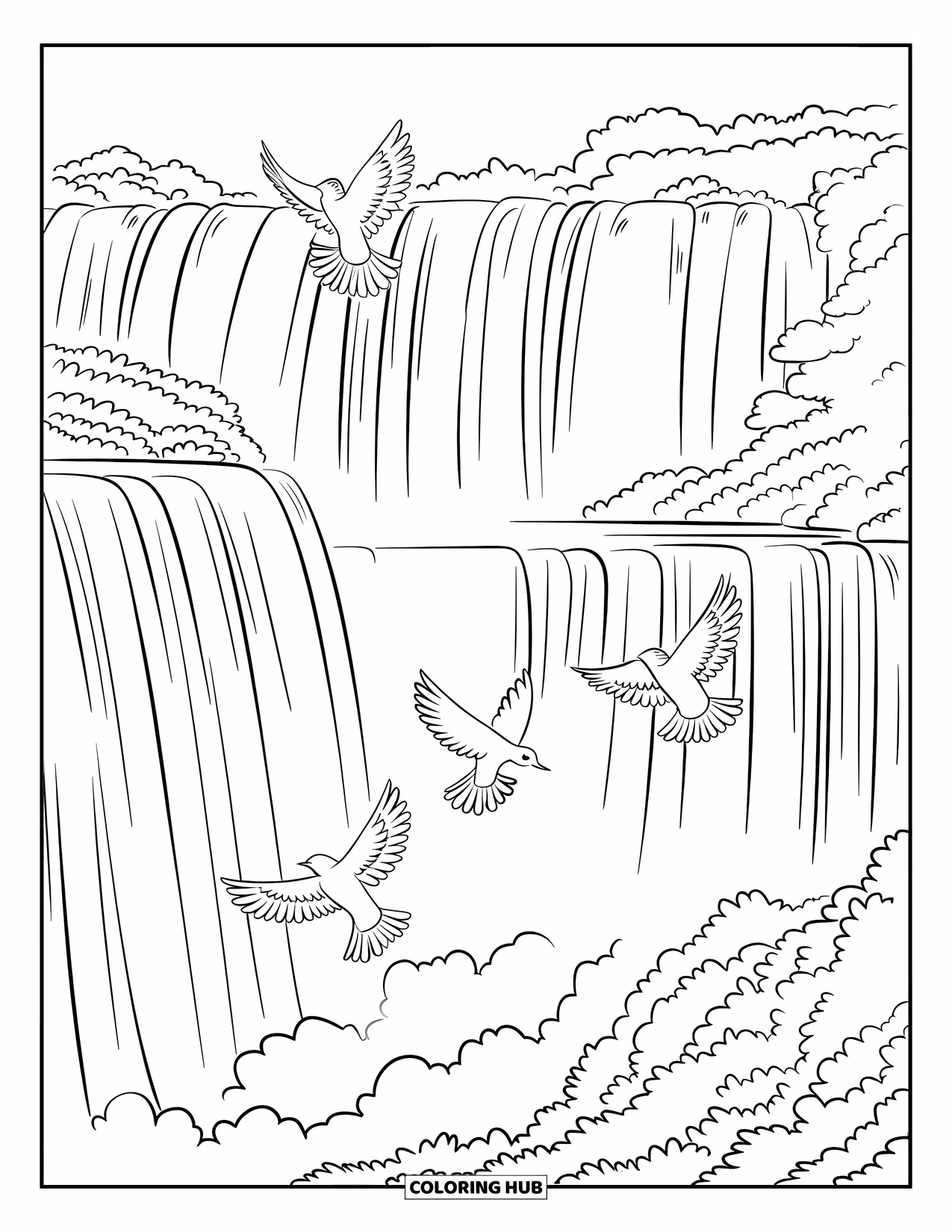 Brazil Coloring Page for Kids: Sweeping waterfalls surrounded by forest and soaring birds