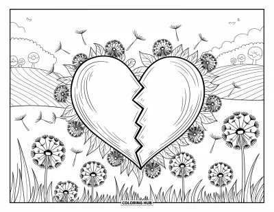 Kleurplaat van een gebroken hart voor volwassenen: Een gebroken hart bloeit met paardenbloemen in een vredig weiland