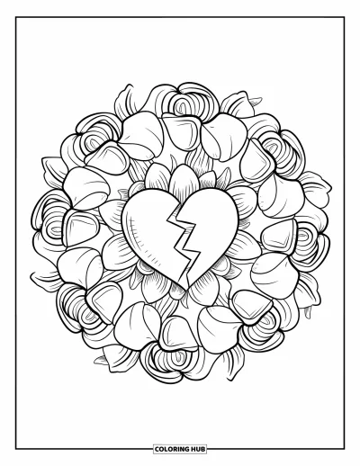 Kleurplaat van een gebroken hart voor volwassenen: Een gebroken hart is omgeven door rozen en speelse bloemmandala-krullen