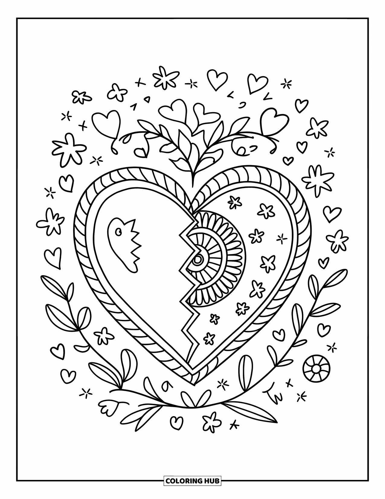 Broken Heart Coloring Page for Adults: A broken heart rests in a mandala of flowers, stars, and vines
