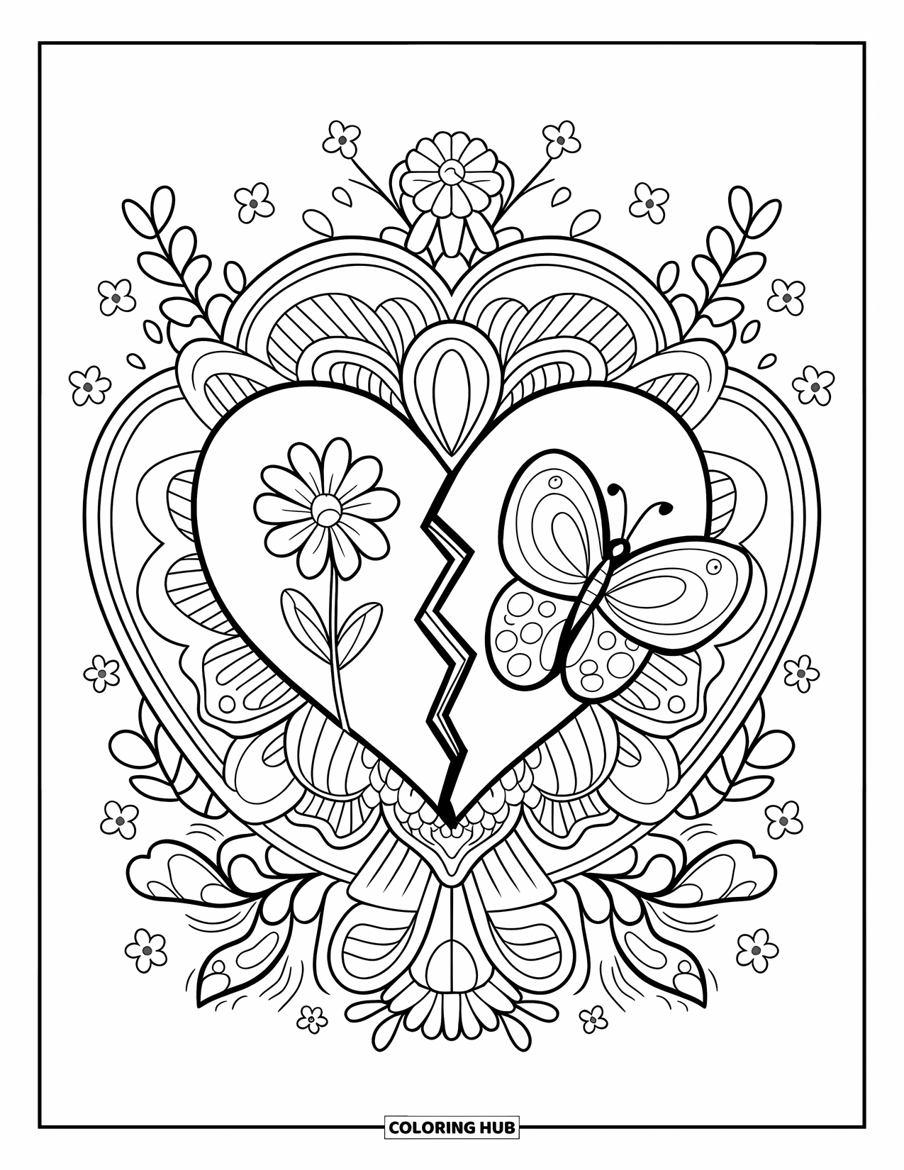 Broken Heart Coloring Page for Adults: A butterfly and flower rest gently on a cracked heart in bloom