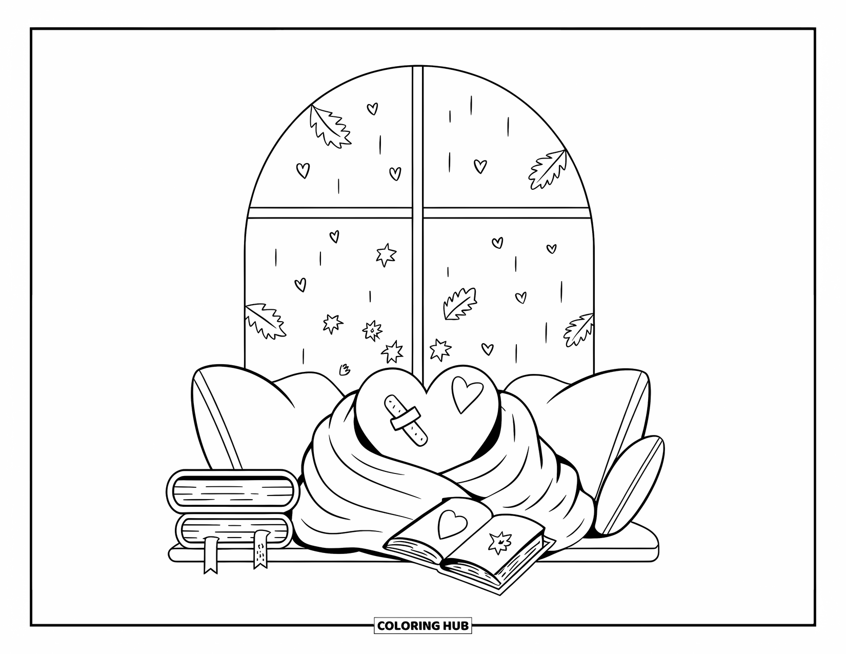 Broken Heart Coloring Page for Adults: A cozy heart reads by the window, surrounded by cushions, notes, and soft weather