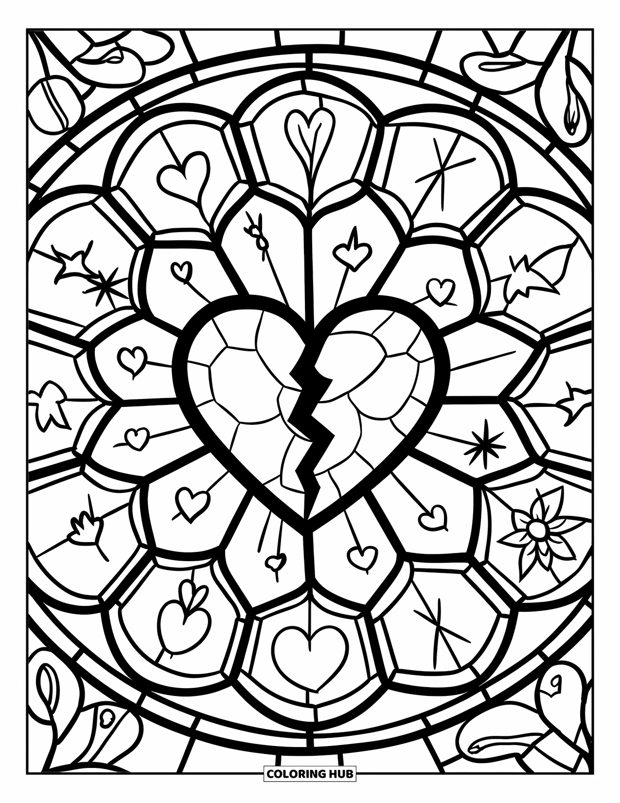 Broken Heart Coloring Page for Adults: A cracked heart shines in the center of a rose-shaped stained glass window