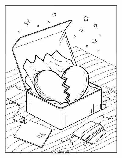 Kleurplaat van een gebroken hart voor volwassenen: Een gebarsten hart omwikkeld met lint zit zachtjes in een open cadeaudoos