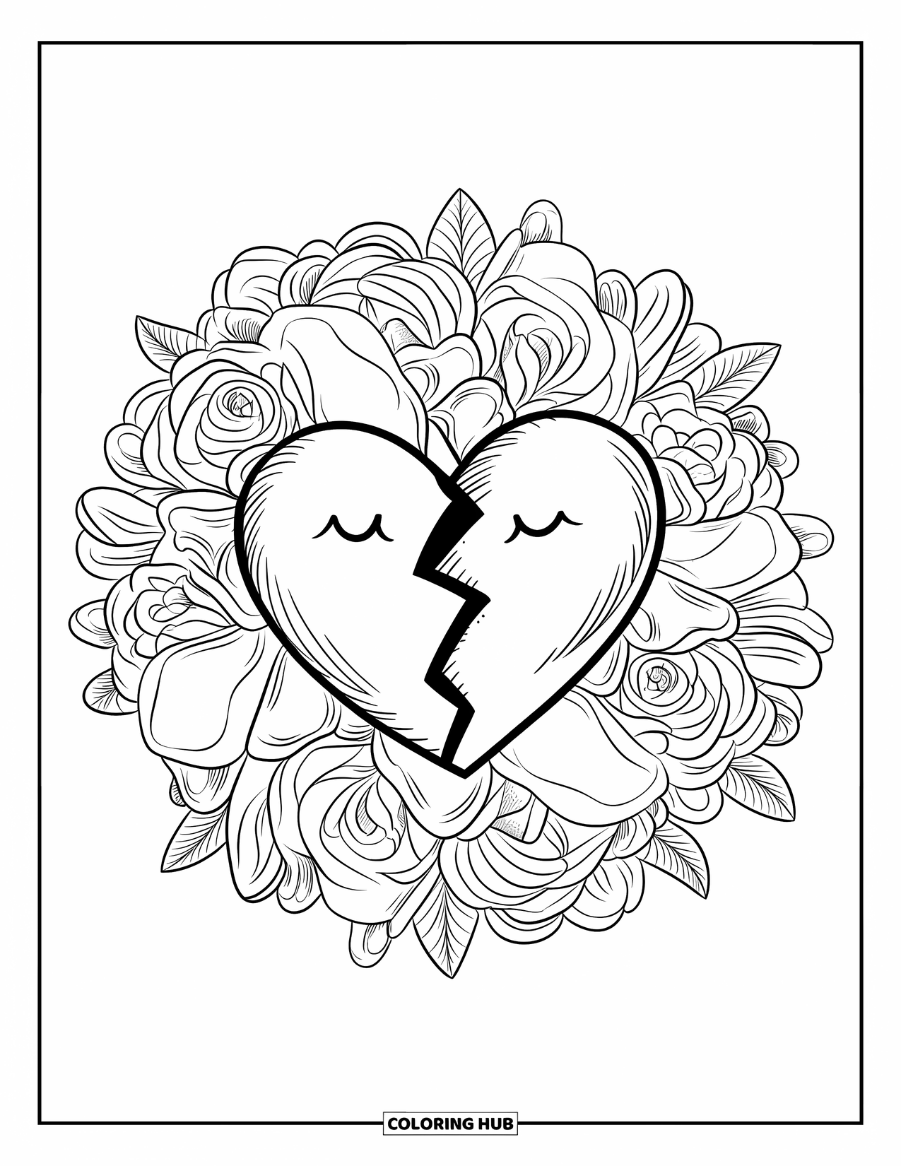 Broken Heart Coloring Page for Adults: A fractured heart rests inside a mandala of soft rose petals