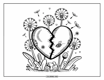 Kleurplaat van een gebroken hart voor volwassenen: Een hart breekt zachtjes terwijl paardenbloemen en een zoemeende bij voorbij zweven