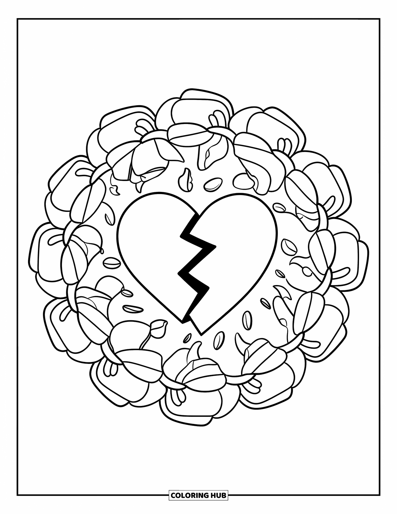 Broken Heart Coloring Page for Adults: A heart cracks in the center of a gentle rose petal mandala