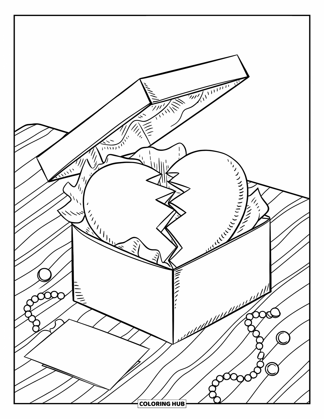 Broken Heart Coloring Page for Adults: A heart rests in a tissue-lined gift box with beads and a card nearby