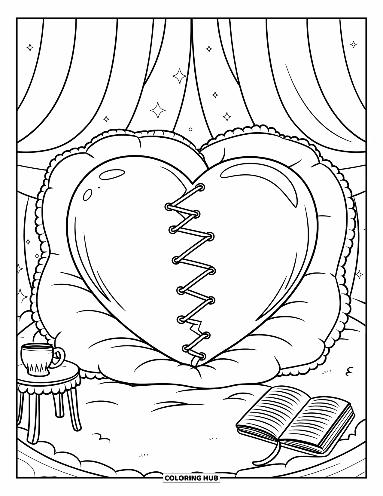 Broken Heart Coloring Page for Adults: A mended heart sits on a pillow with sparkles, tea, and a journal nearby