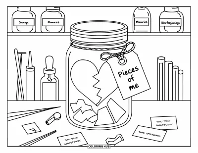 Kleurplaat van een gebroken hart voor volwassenen: Kleine hartstukjes rusten in een potje met het opschrift "Pieces of Me" met zachte reparatiegereedschappen