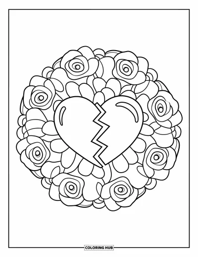 Kleurplaat van een gebroken hart voor volwassenen: Twee harthelften zitten in een bloemmandala van zachte rozen