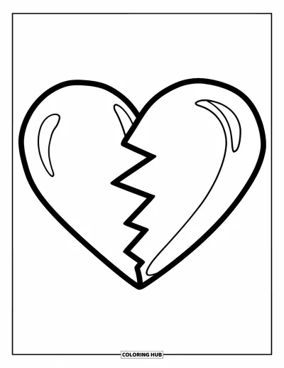 Kleurplaat van een gebroken hart voor kinderen: Een fors gebroken hart zweeft zachtjes met een eenvoudige scheur