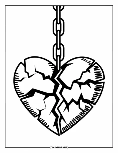 Kleurplaat van een gebroken hart voor kinderen: Een gebroken hart met scheuren hangt stilletjes aan een ketting