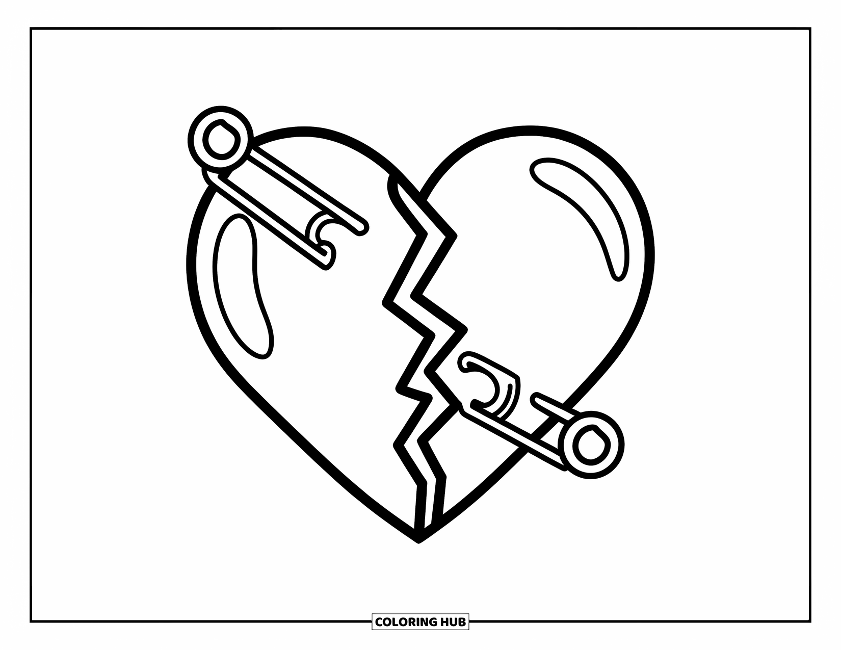 Broken Heart Coloring Page for Kids: A cheerful heart is pinned back together for little hands to color