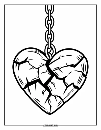 Kleurplaat van een gebroken hart voor kinderen: Een gebarsten hart bungelt aan een hangende ketting