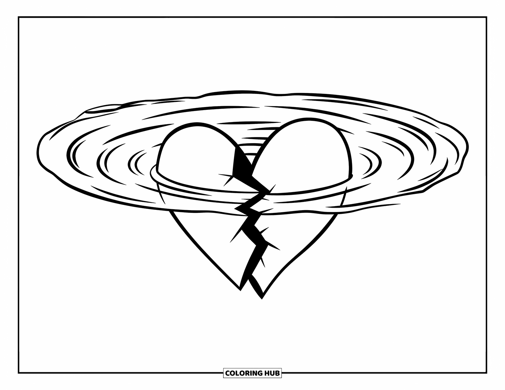 Broken Heart Coloring Page for Kids: A cracked heart floats in water with ripples spreading around it