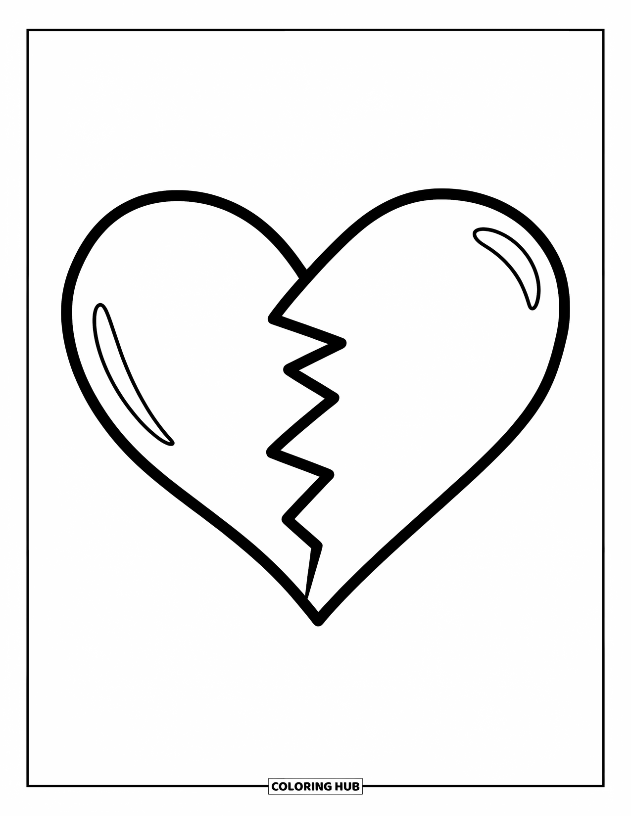 Broken Heart Coloring Page for Kids: A cracked heart floats with a simple break down the middle