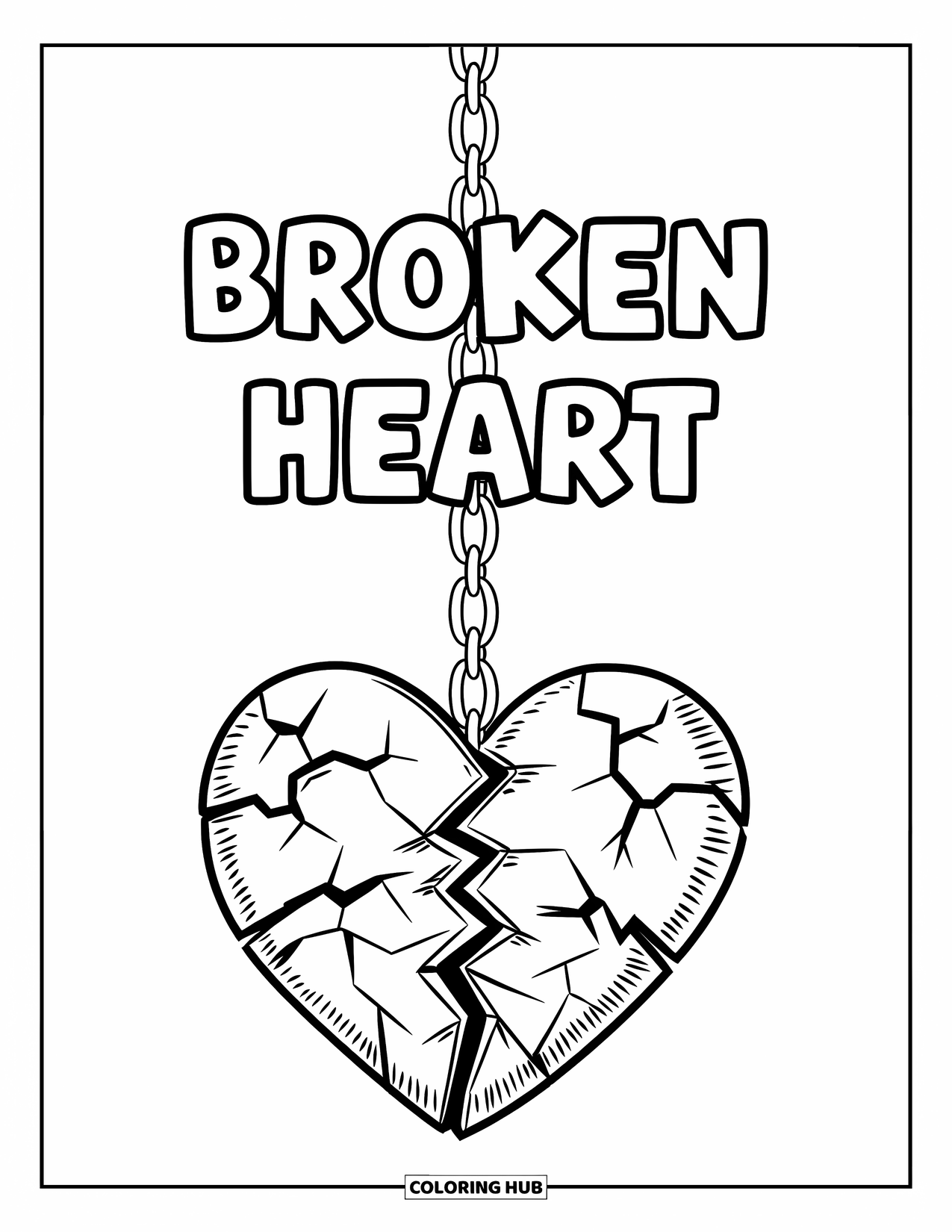 Broken Heart Coloring Page for Kids: A cracked heart hangs from a chain with "Broken Heart" above it