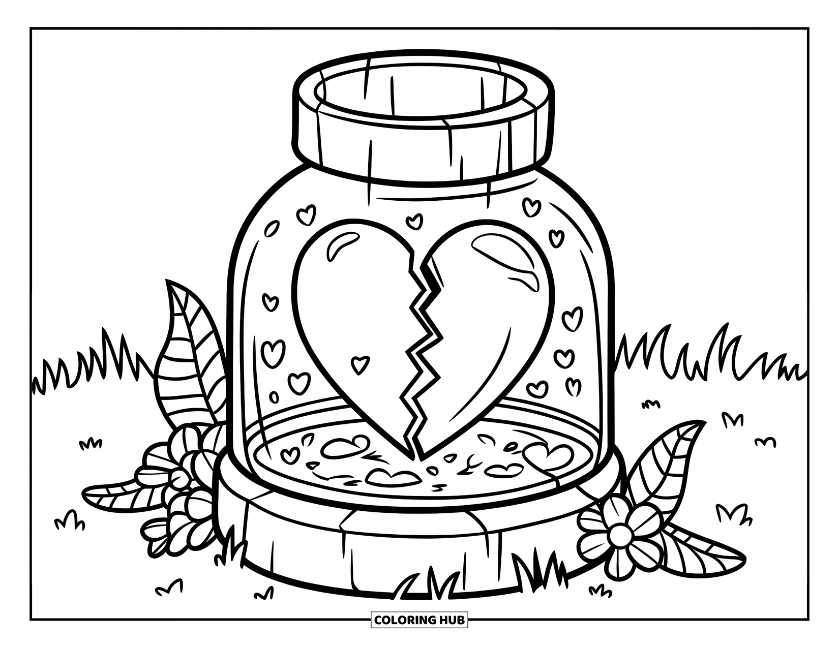 Broken Heart Coloring Page for Kids: A cracked heart in a jar sits on wood, with flowers nearby