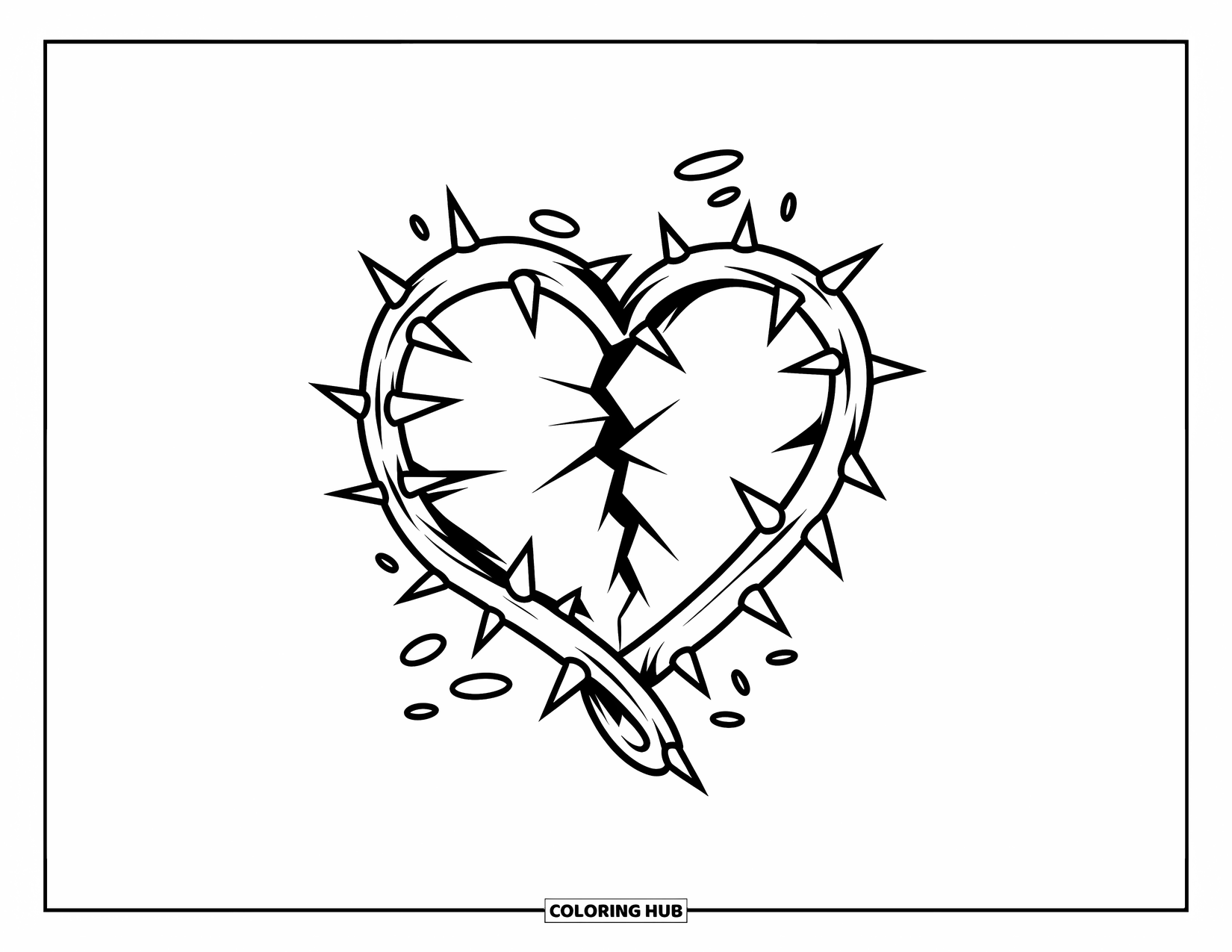 Broken Heart Coloring Page for Kids: A cracked heart sits surrounded by twisting thorny vines and scattered thorns