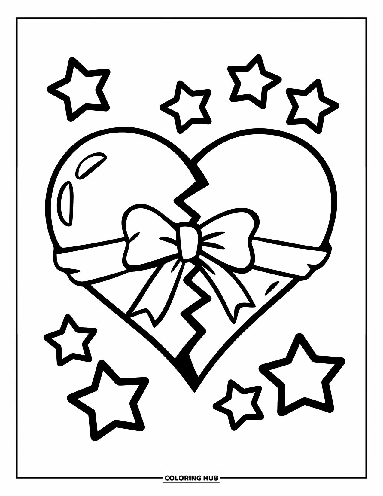 Broken Heart Coloring Page for Kids: A cracked heart with a bow is surrounded by shining stars