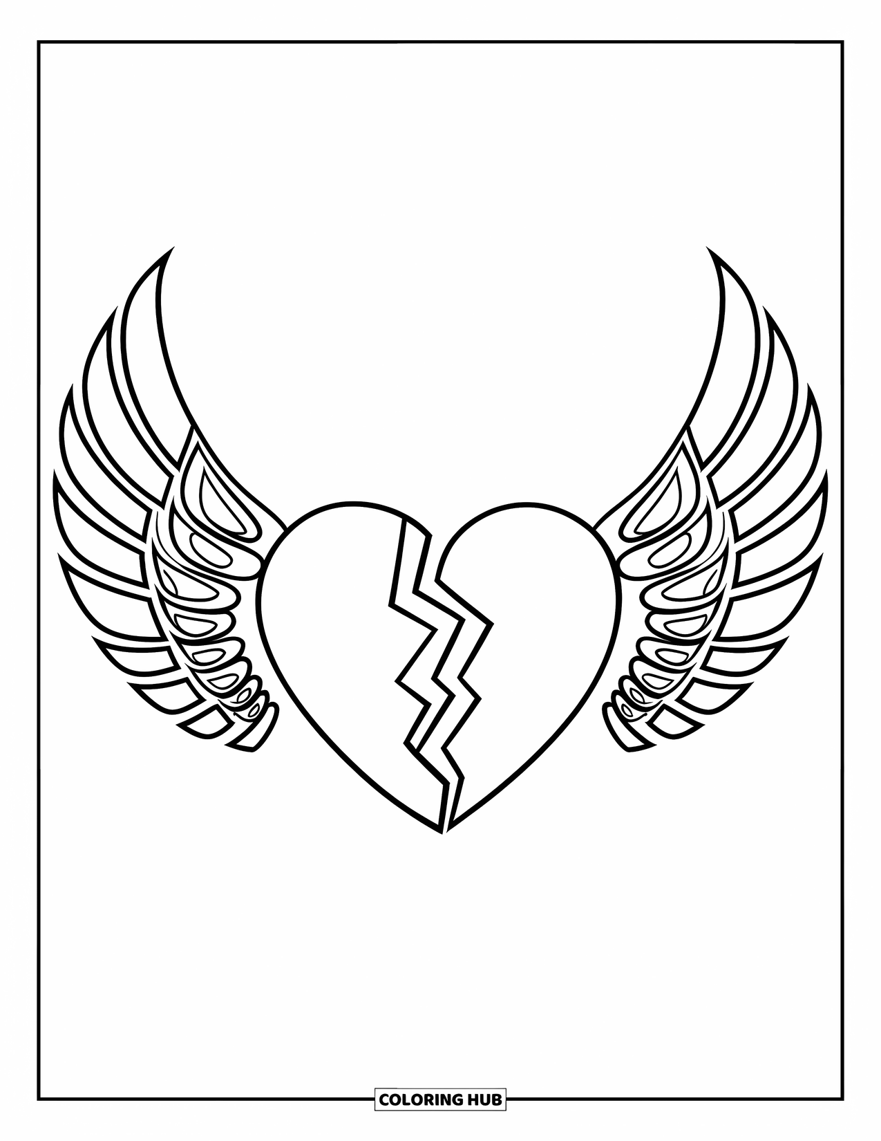 Broken Heart Coloring Page for Kids: A cracked heart with tribal-style wings hovers in place