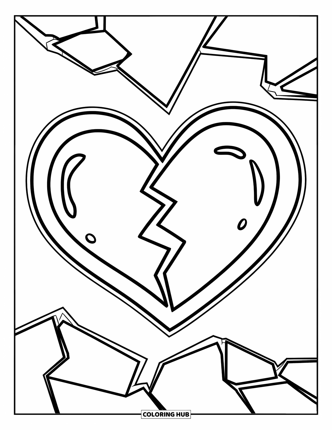 Broken Heart Coloring Page for Kids: A large broken heart with a crack floats alone in the center
