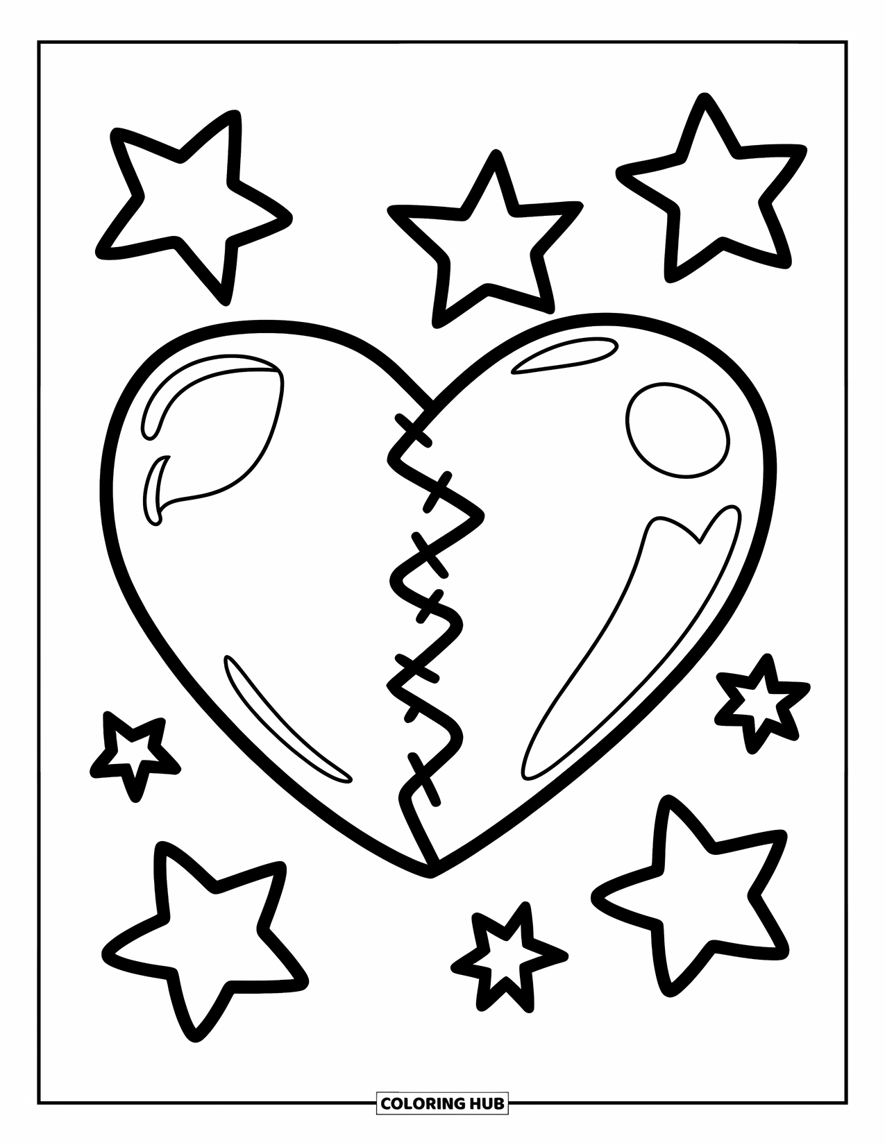 Broken Heart Coloring Page for Kids: A patched heart floats among cheerful stars