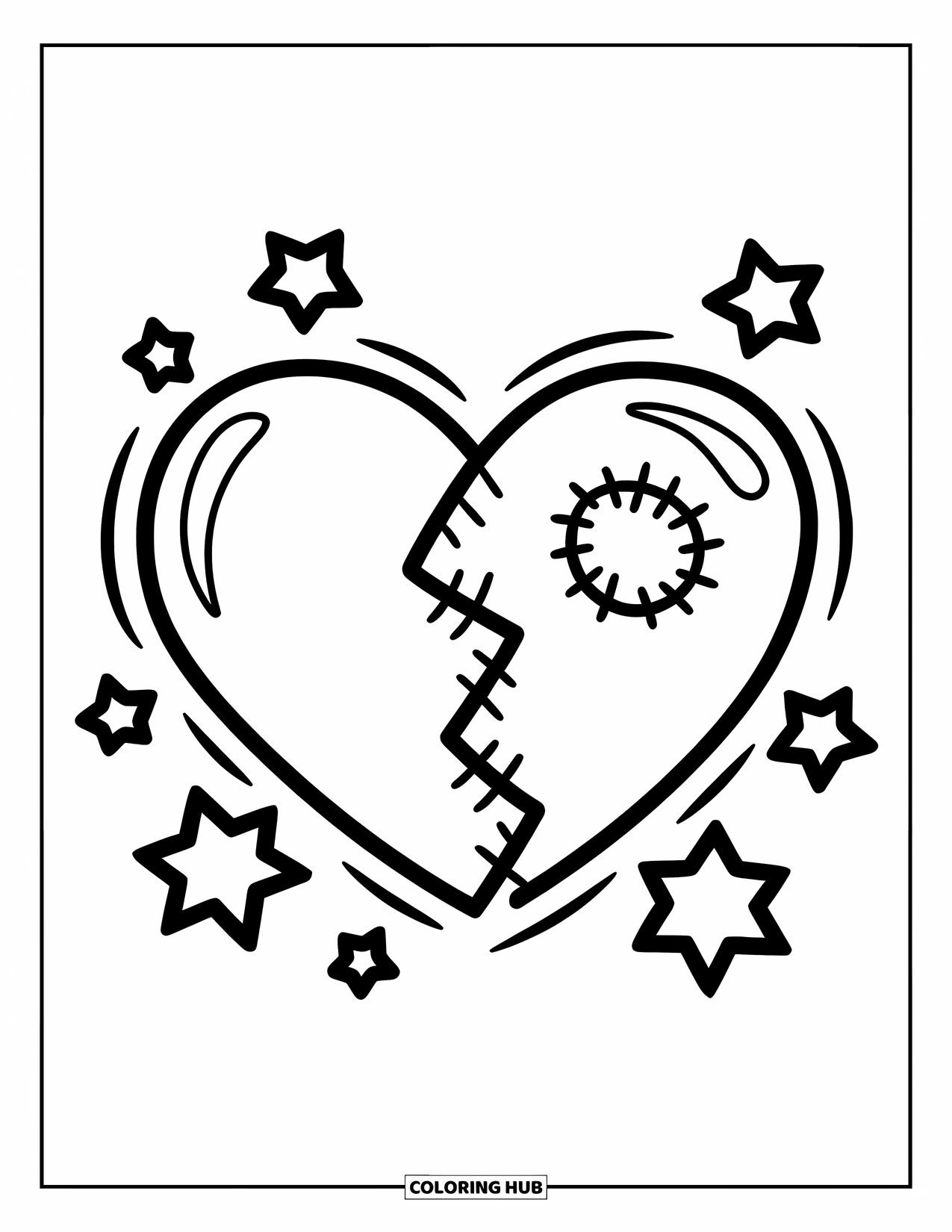 Broken Heart Coloring Page for Kids: A patched heart floats with stars all around it
