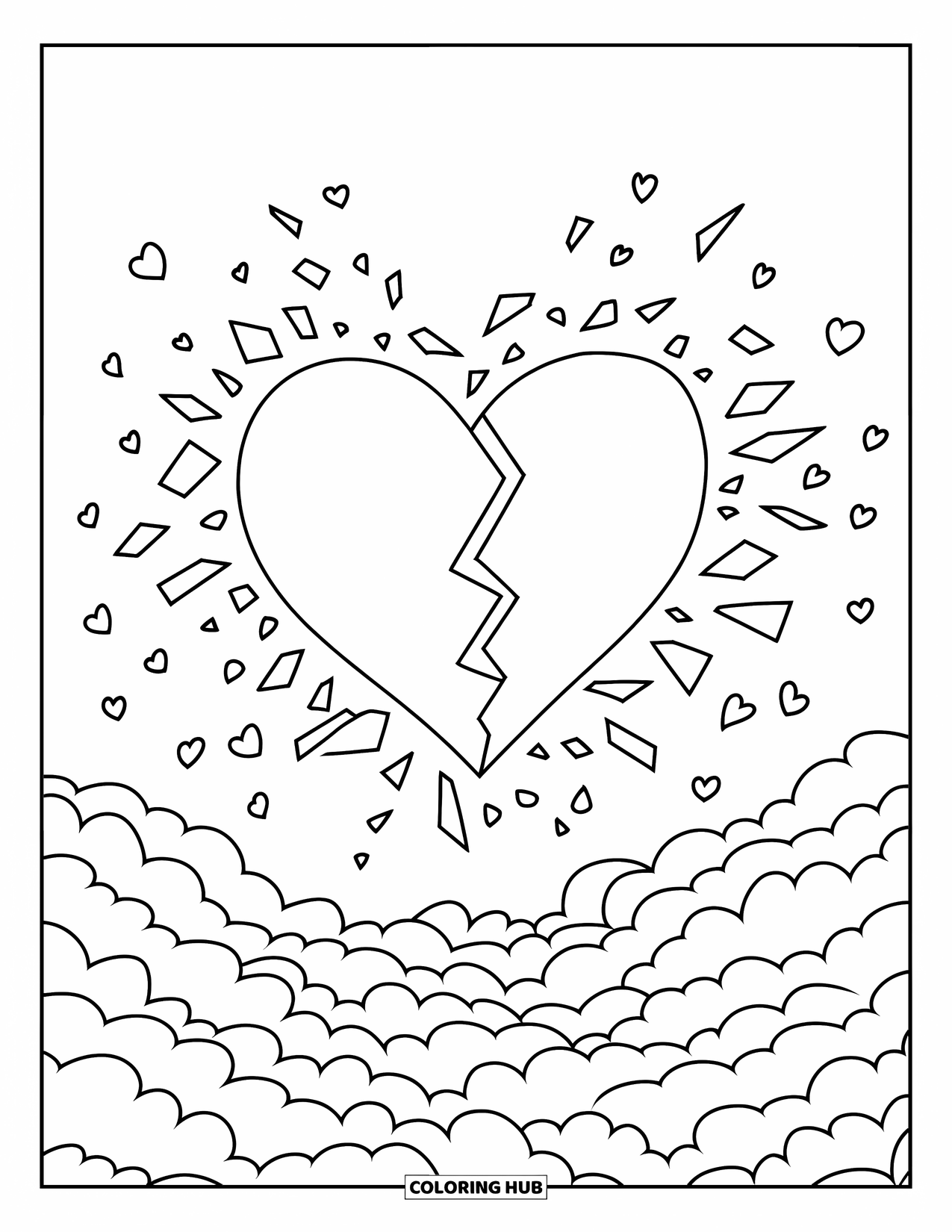 Broken Heart Coloring Page for Kids: A shattered heart bursts into shards with little floating hearts around it