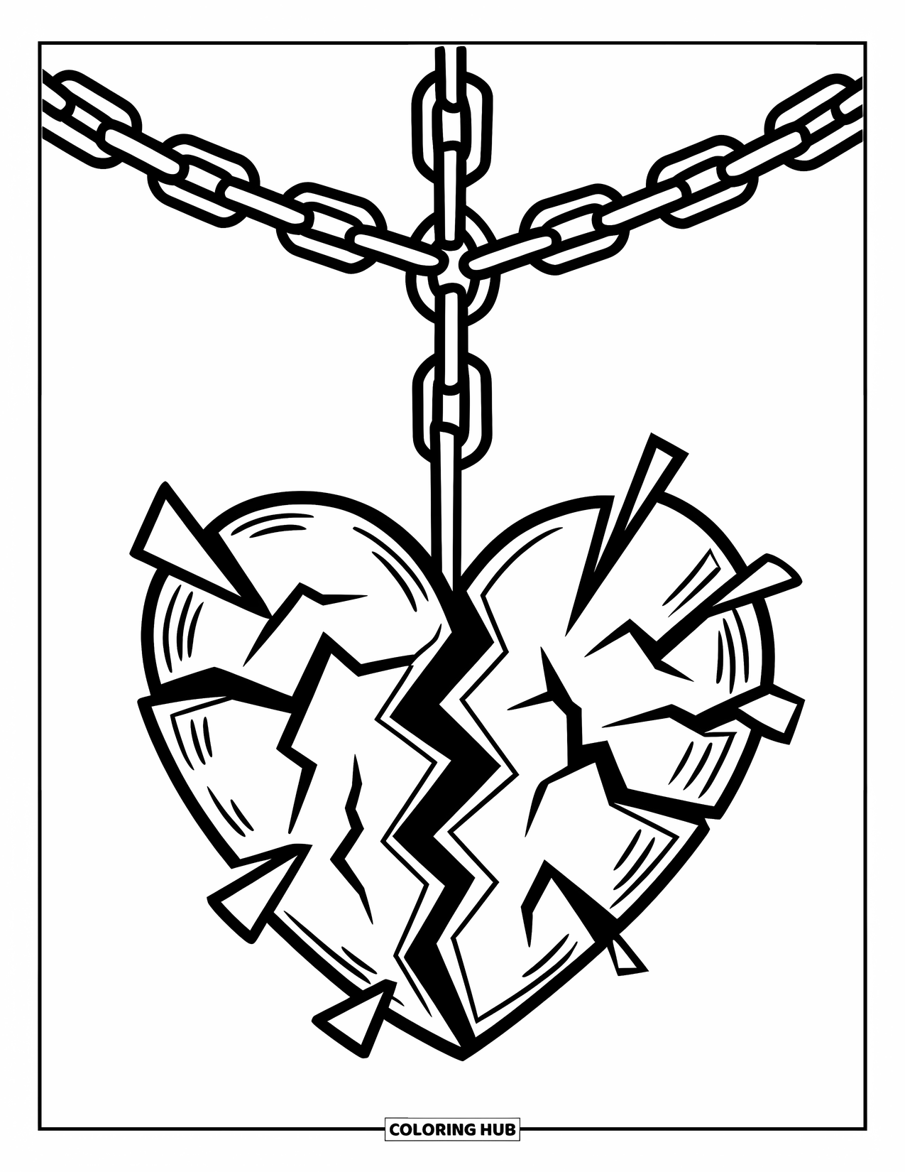 Broken Heart Coloring Page for Kids: A splintered heart hangs from a chain in a clean-lined design