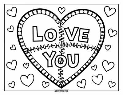 Kleurplaat van een gebroken hart voor kinderen: Een dichtgenaaid hart zweeft met kleine hartjes en "Love you" eromheen