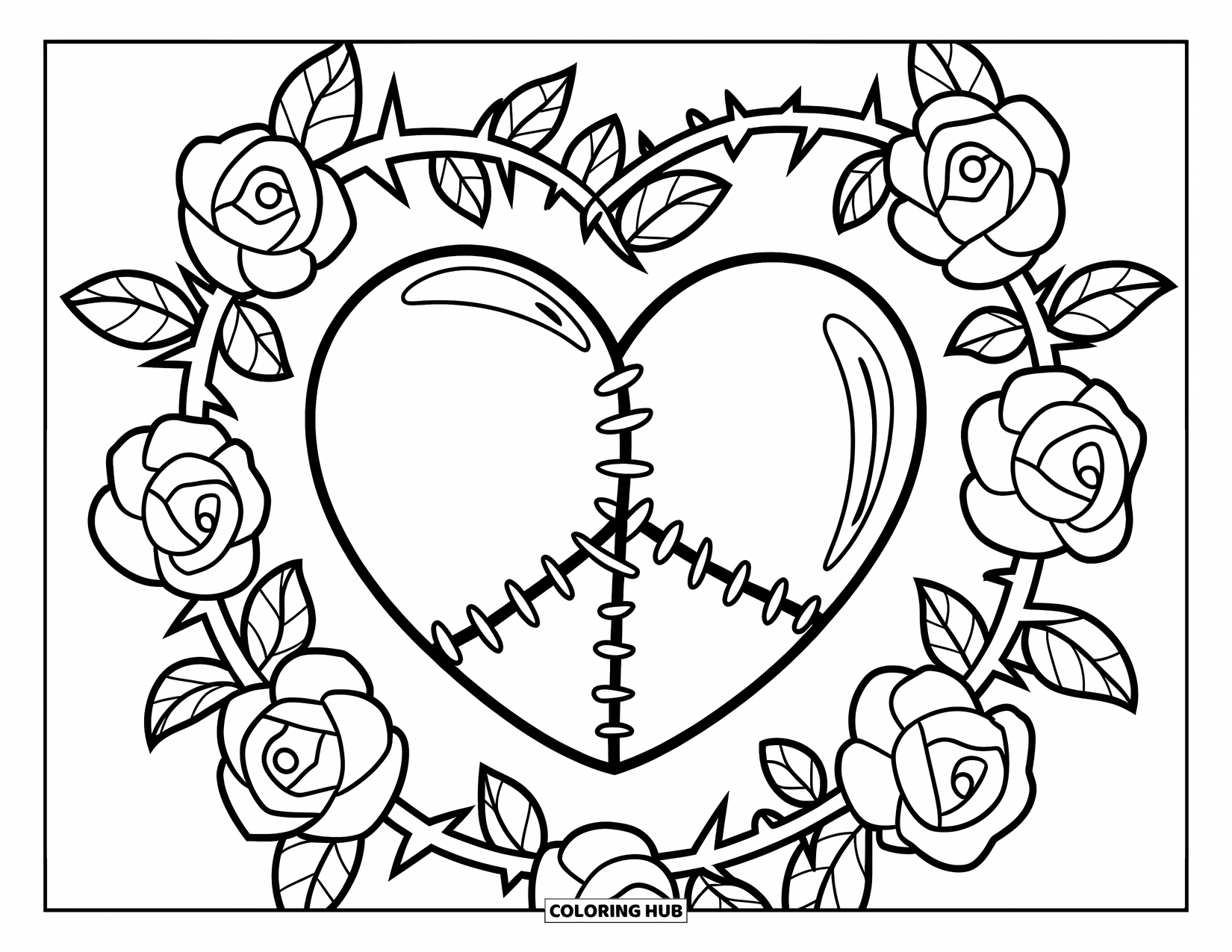 Broken Heart Coloring Page for Kids: A stitched heart is framed with thorny roses in a circle