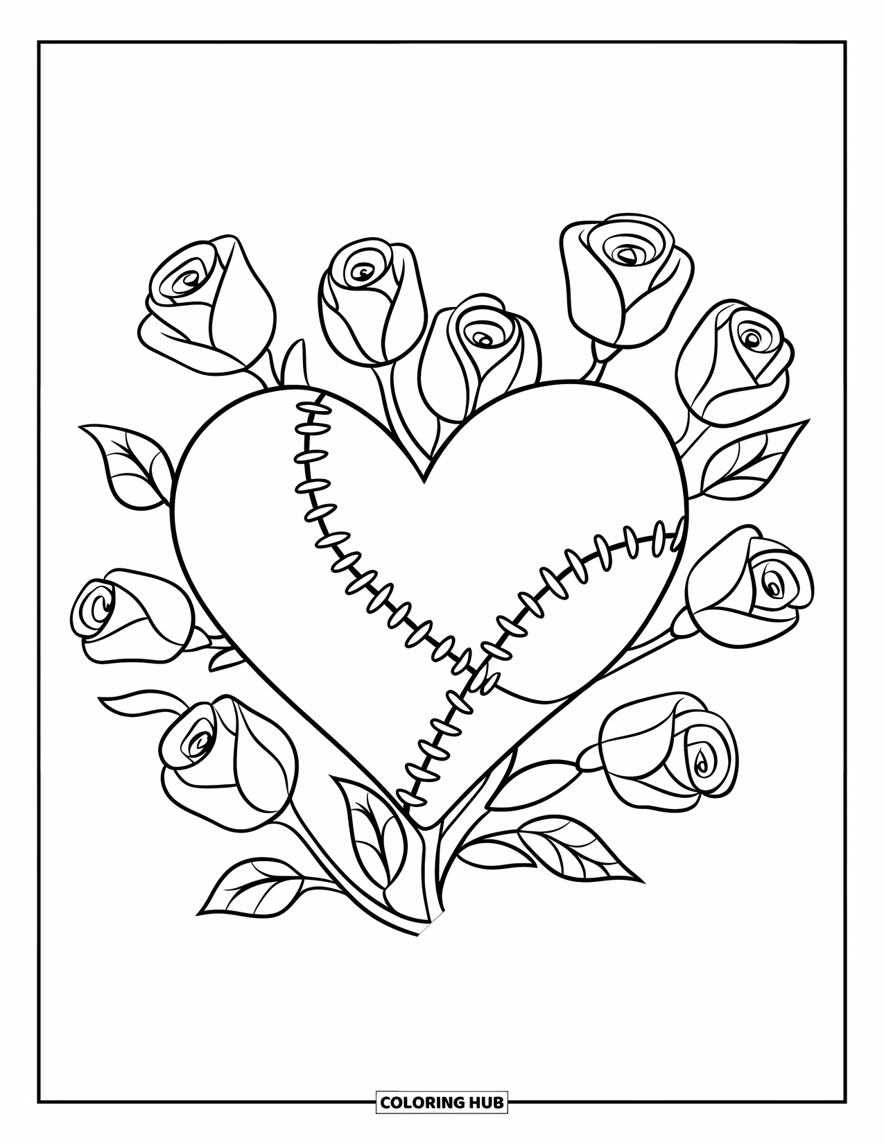 Broken Heart Coloring Page for Kids: A stitched heart shaped like a rose blooms from its seams