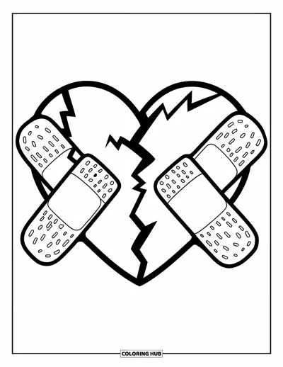Kleurplaat van een gebroken hart voor kinderen: Pleisters houden een hart met rafelige scheuren bij elkaar