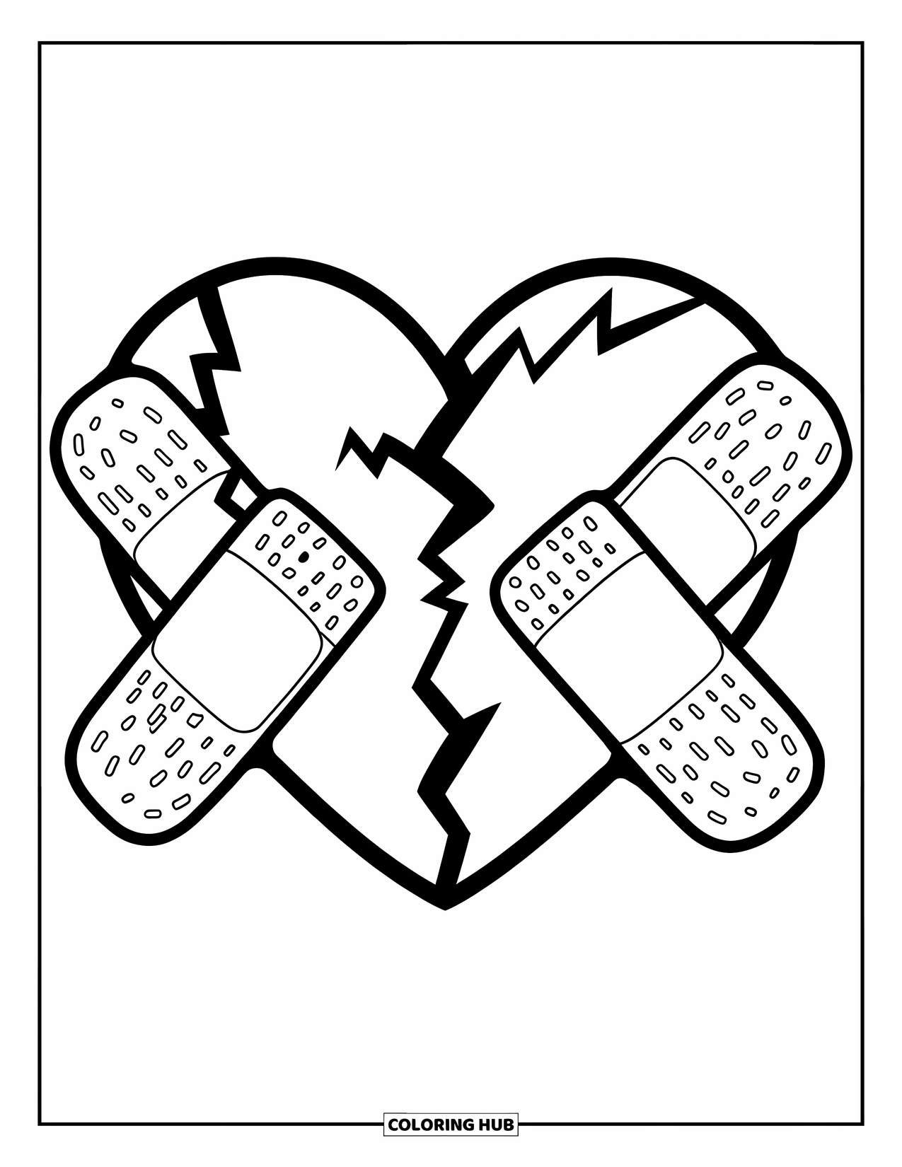 Broken Heart Coloring Page for Kids: Band-aids hold a heart with jagged cracks together