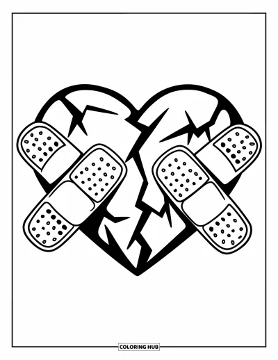 Kleurplaat van een gebroken hart voor kinderen: Cartoon-pleisters proberen een gebarsten hart op zijn plek te houden