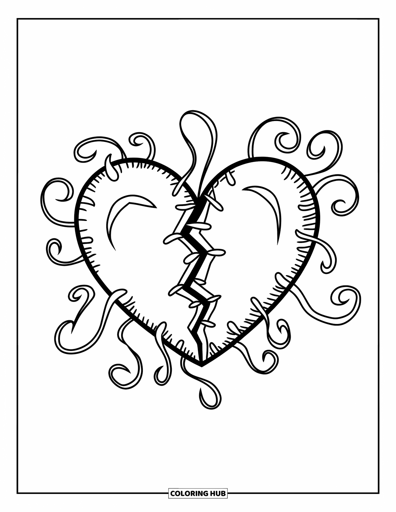 Broken Heart Coloring Page for Kids: Decorative swirls surround a broken heart held together by thread