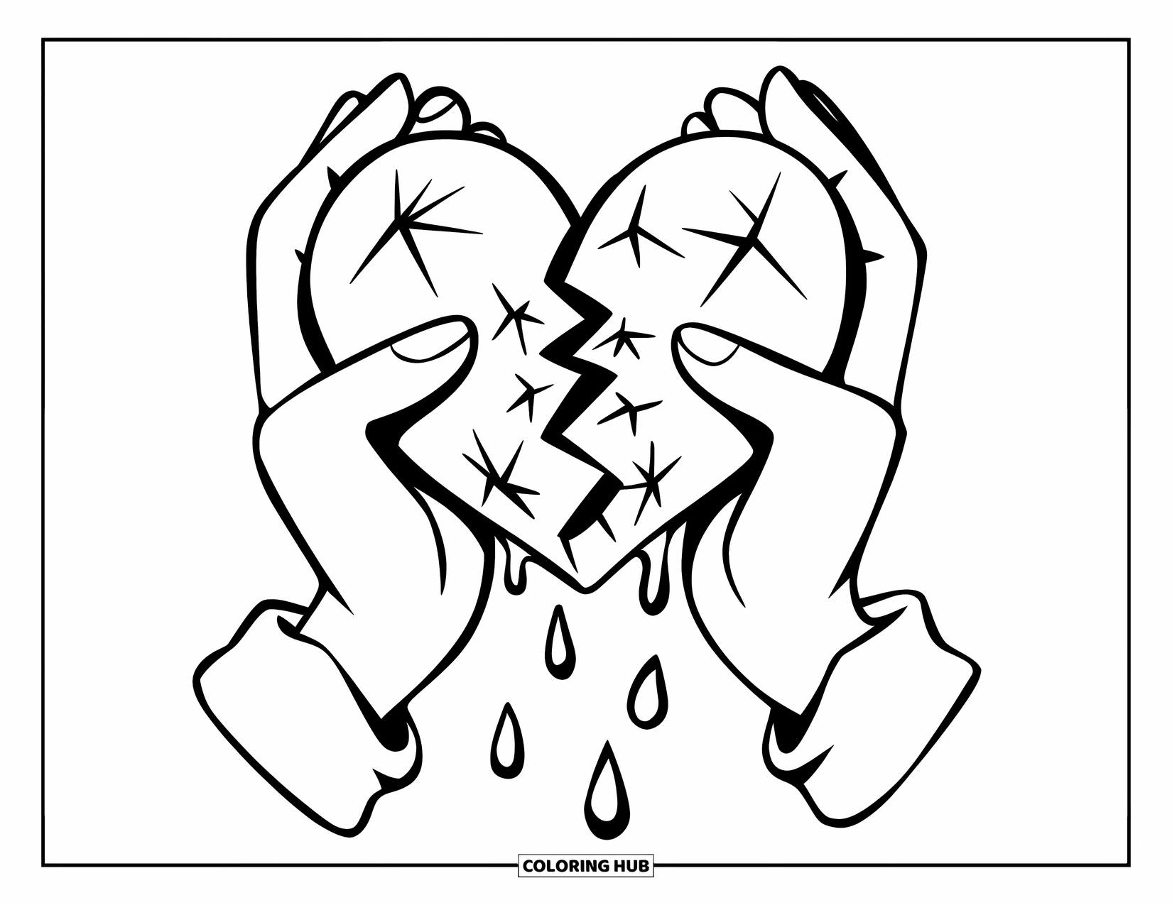 Broken Heart Coloring Page for Kids: Gloved hands hold a shattered heart as it cries tiny tears