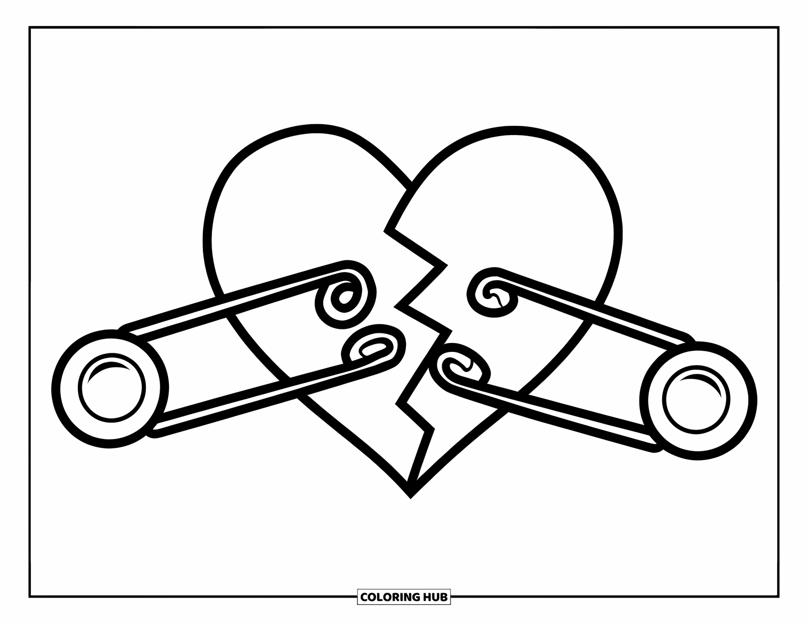 Broken Heart Coloring Page for Kids: Safety pins keep a broken heart from falling apart