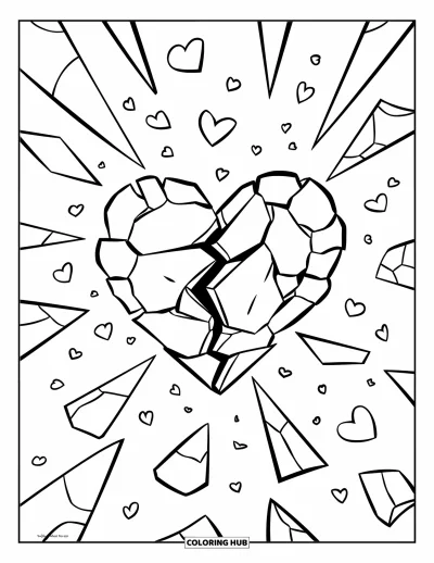 Kleurplaat van een gebroken hart voor kinderen: Scherven vliegen uit een hart omgeven door hartjesvormig confetti