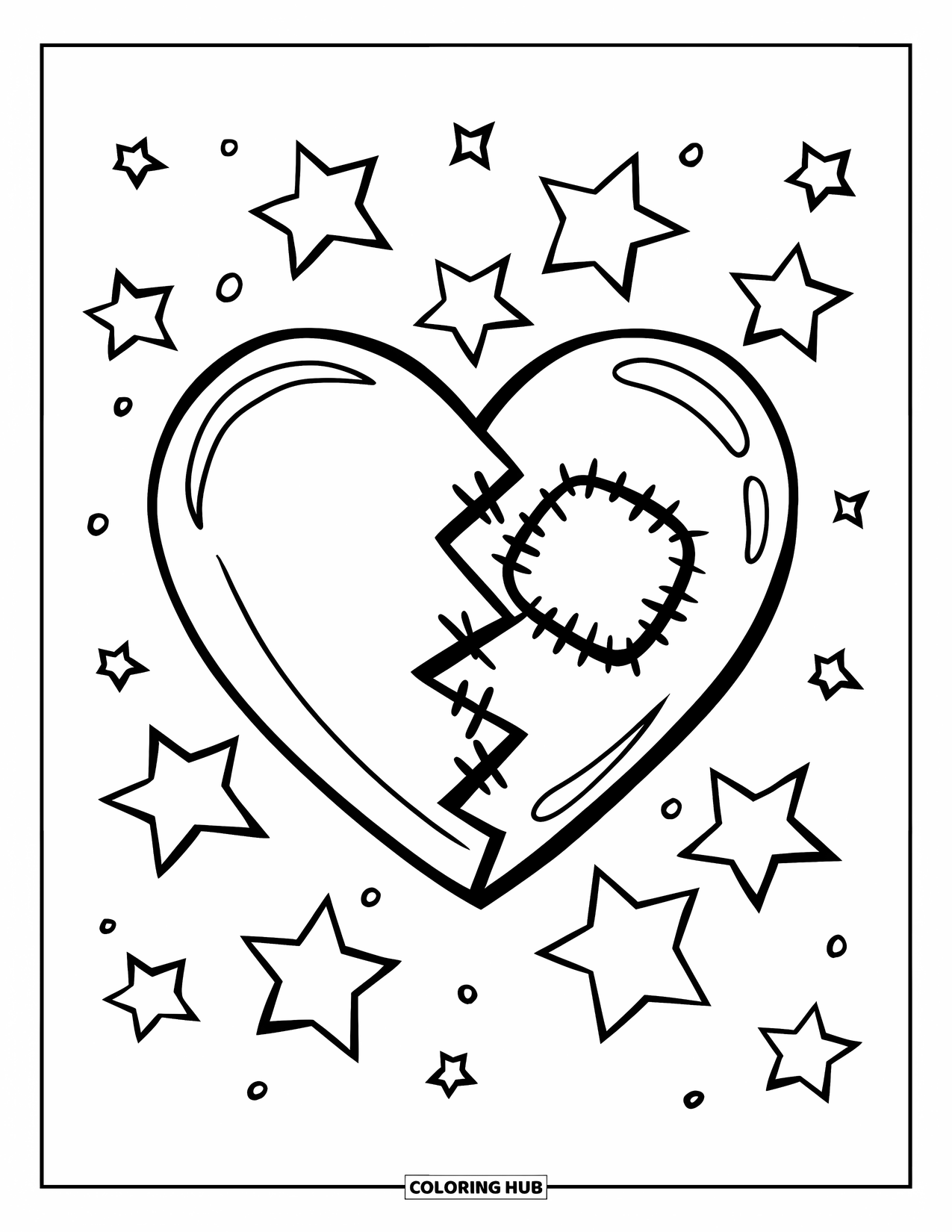 Broken Heart Coloring Page for Kids: Stars sparkle around a broken heart with a patch in the center
